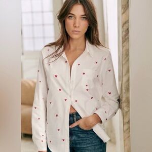 Sezane White Button-Down Shirt with Red Heart Print